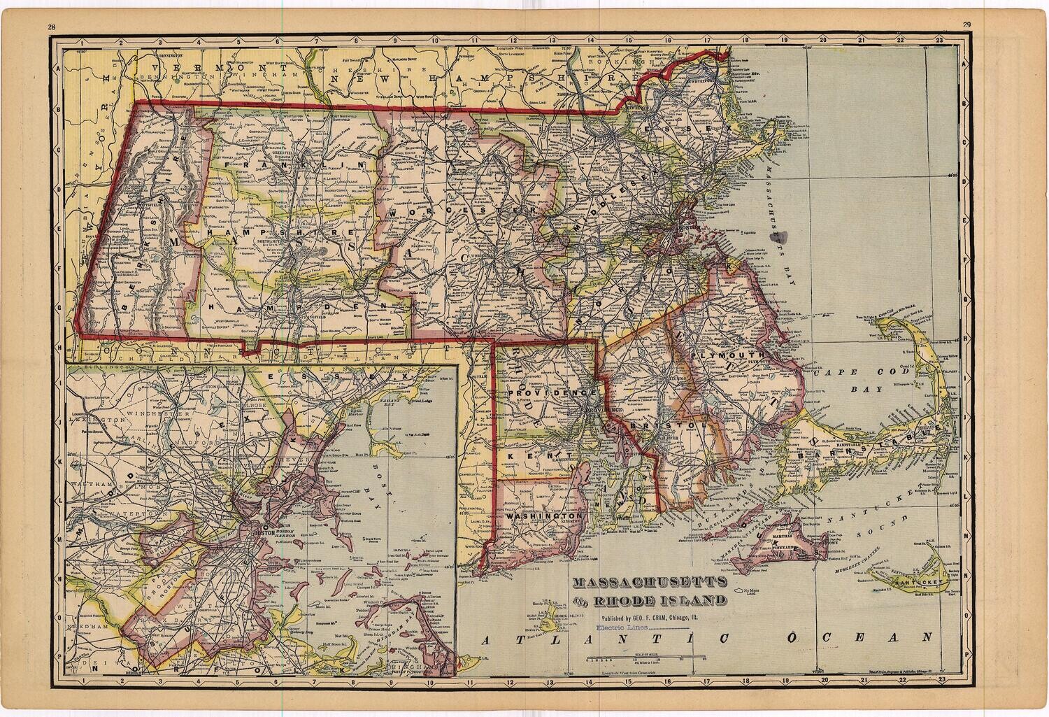 1910 Map of Massachusetts &amp; Rhode Island by Geo.Cram in Color Lithography