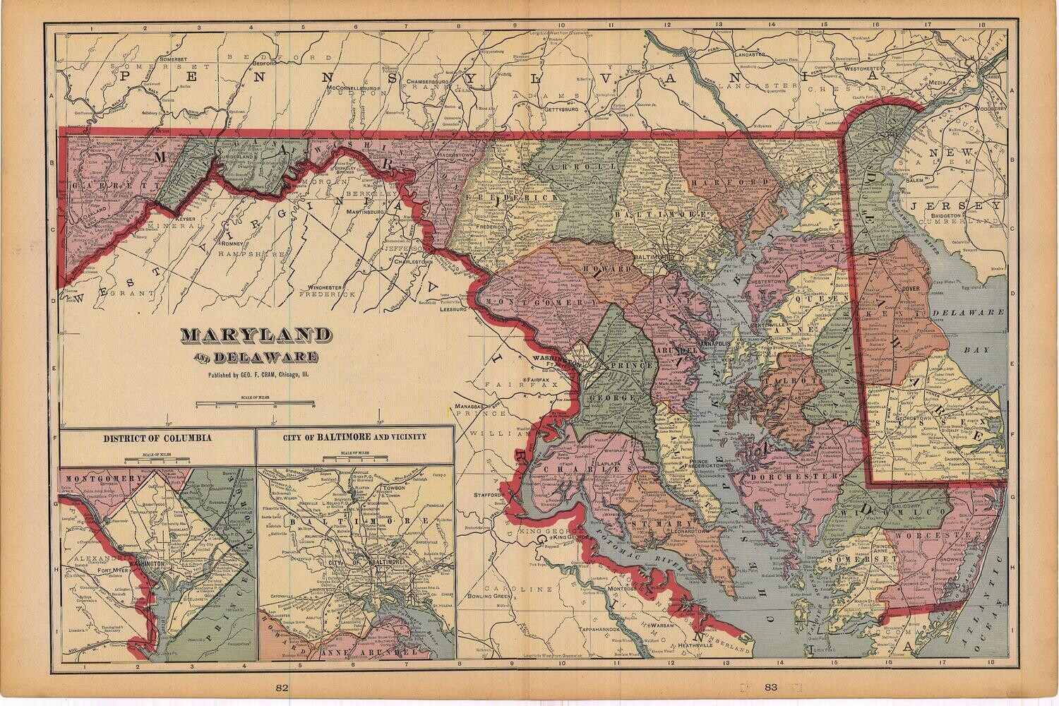 1903 Map of Maryland and Delaware by Geo.Cram in Color Lithography