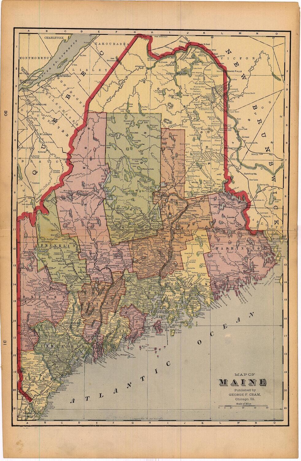 1903 Map of Maine by Geo.Cram in Color Lithography