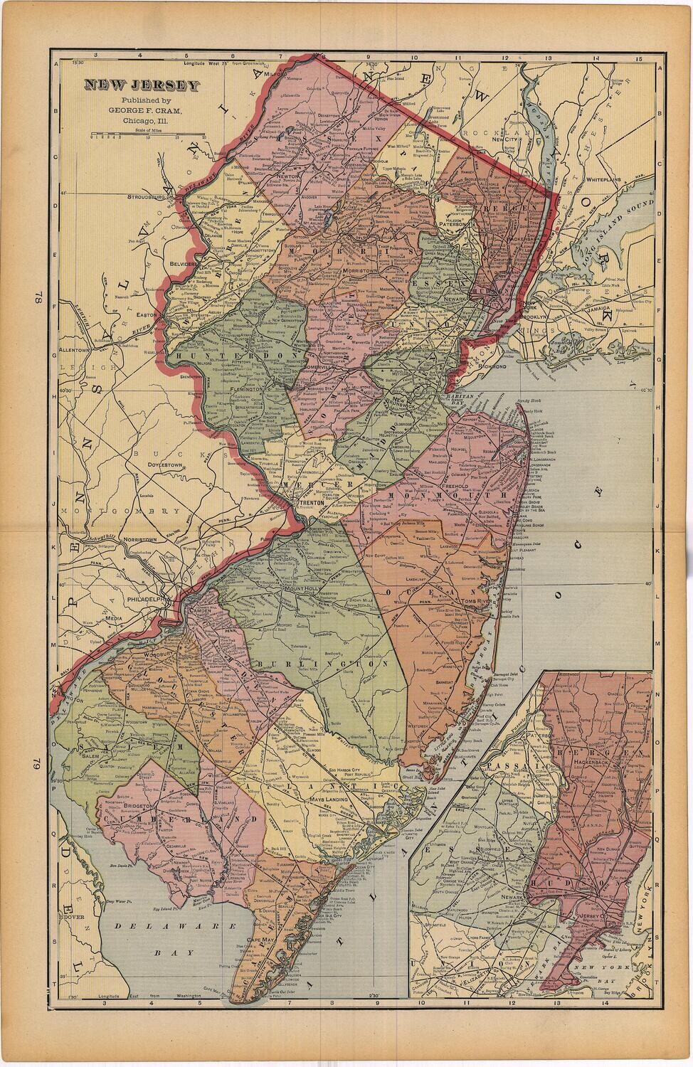 1903 Map of New Jersey by Geo.Cram in Color Lithography