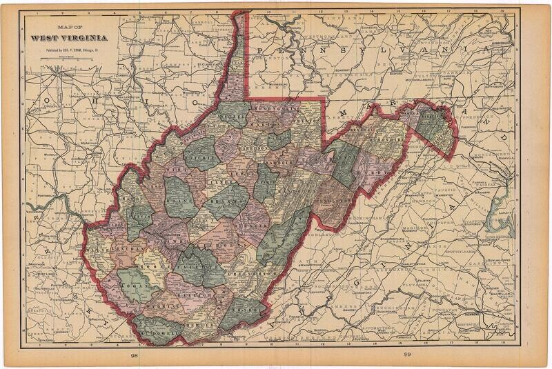 1903 Map of West Virginia by Geo.Cram in Color Lithography