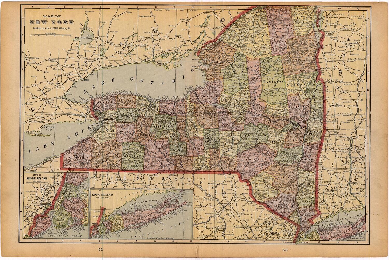 1903 Map of New York State by Geo.Cram in Color Lithography