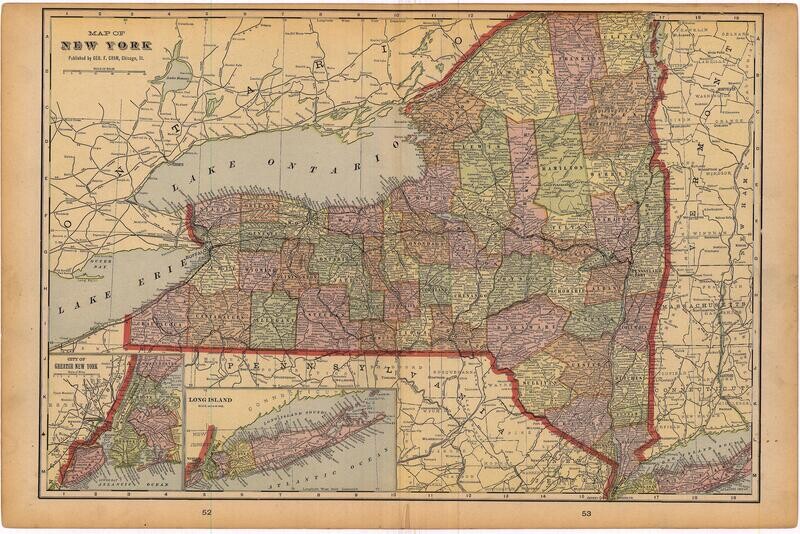 1903 Map of New York State by Geo.Cram in Color Lithography