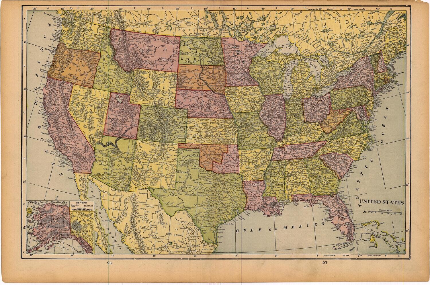 1903 Map of United States by Geo.Cram in Color Lithography