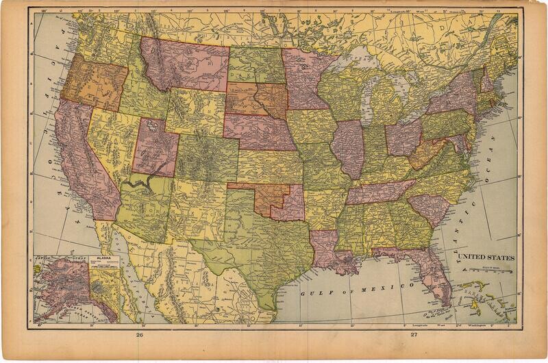 1903 Map of United States by Geo.Cram in Color Lithography