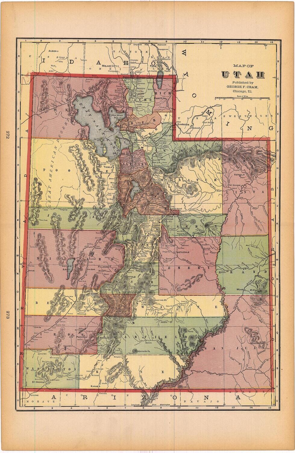 1903 Map of Utah by Geo.Cram in Color Lithography