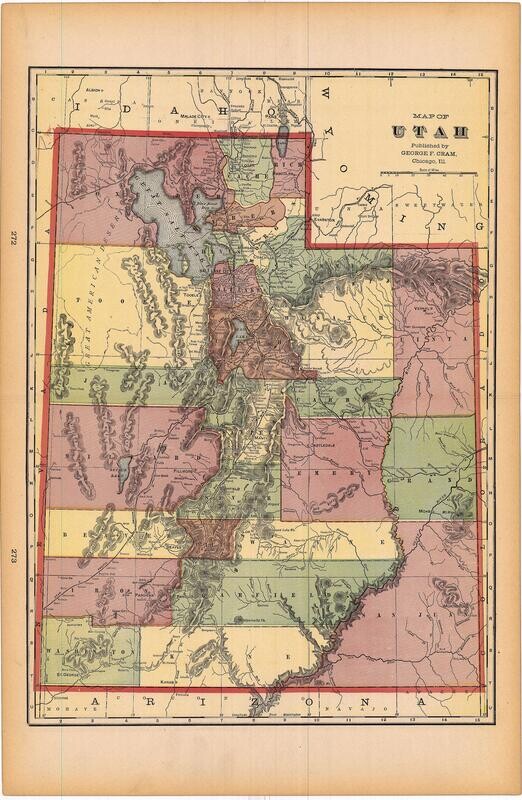 1903 Map of Utah by Geo.Cram in Color Lithography