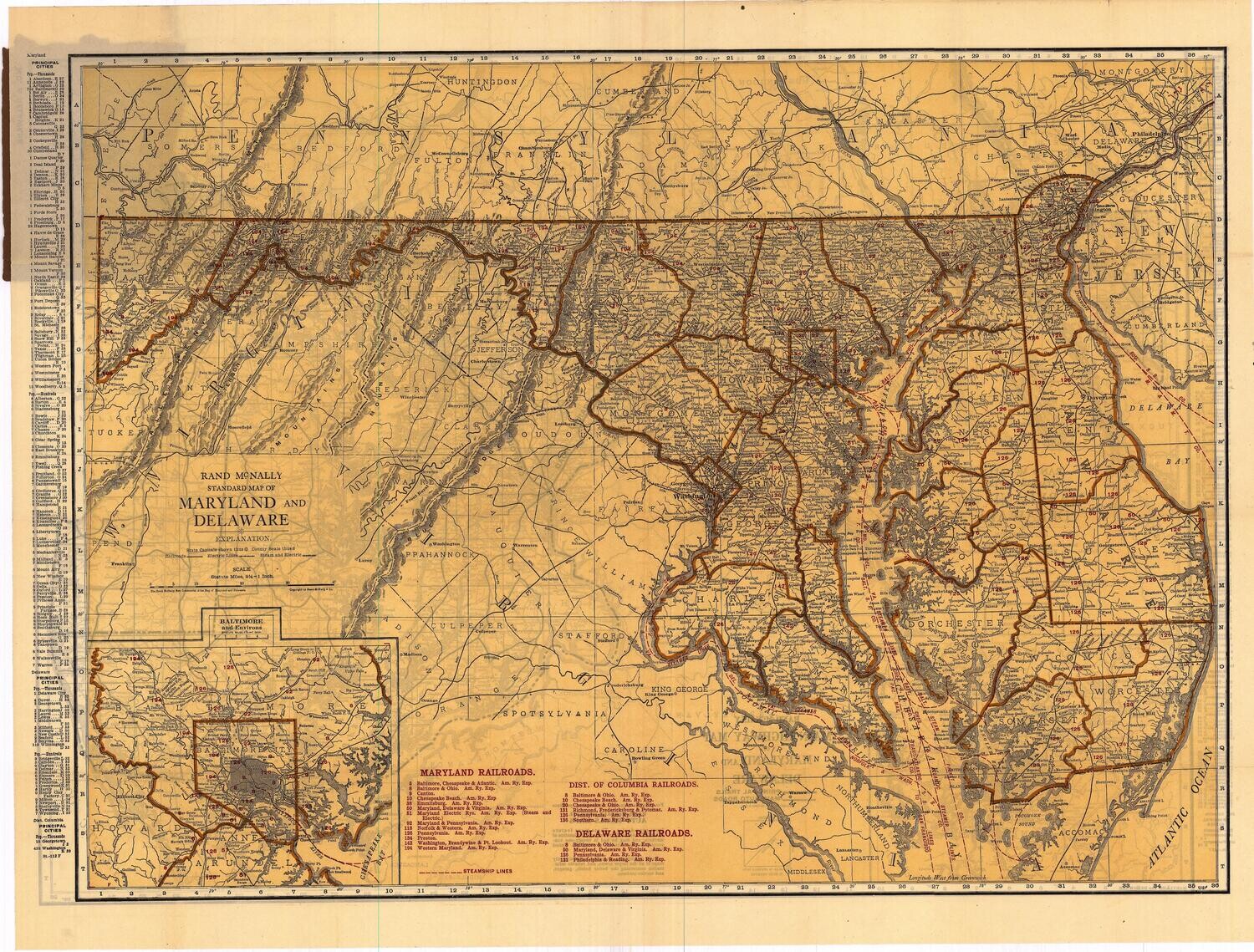 1913 Folding Railroad Map of Maryland and Delaware by Rand McNally in Color Lithography