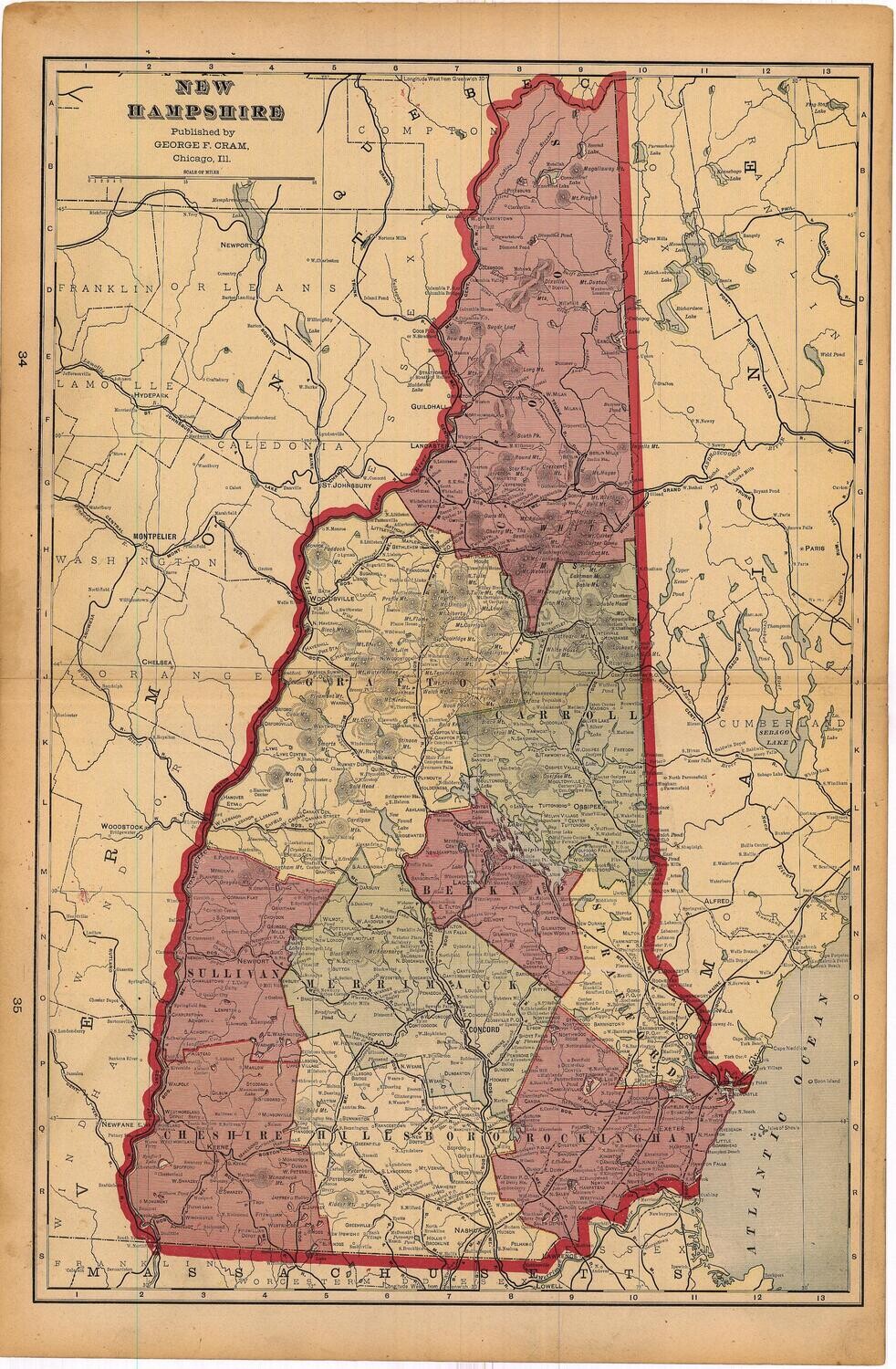1903 Map of New Hampshire by Geo.Cram in Color Lithography
