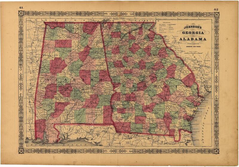 1863 Map of Georgia &amp; Alabama by Johnson &amp; Ward 