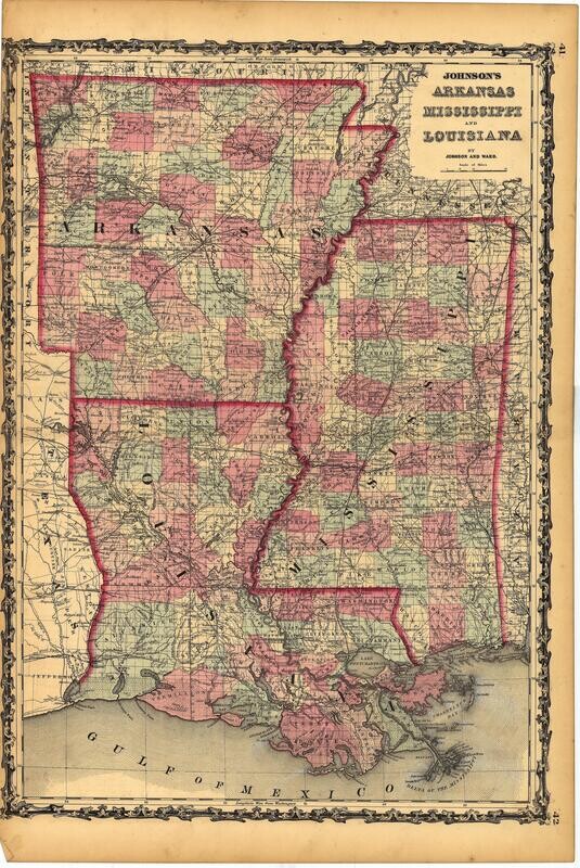 1862 Map of Arkansas, Mississippi &amp; Louisiana by Johnson &amp; Ward 