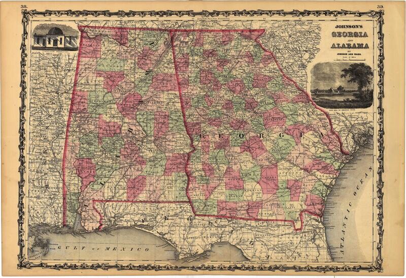 1860 Map of Georgia &amp; Alabama by Johnson &amp; Ward 