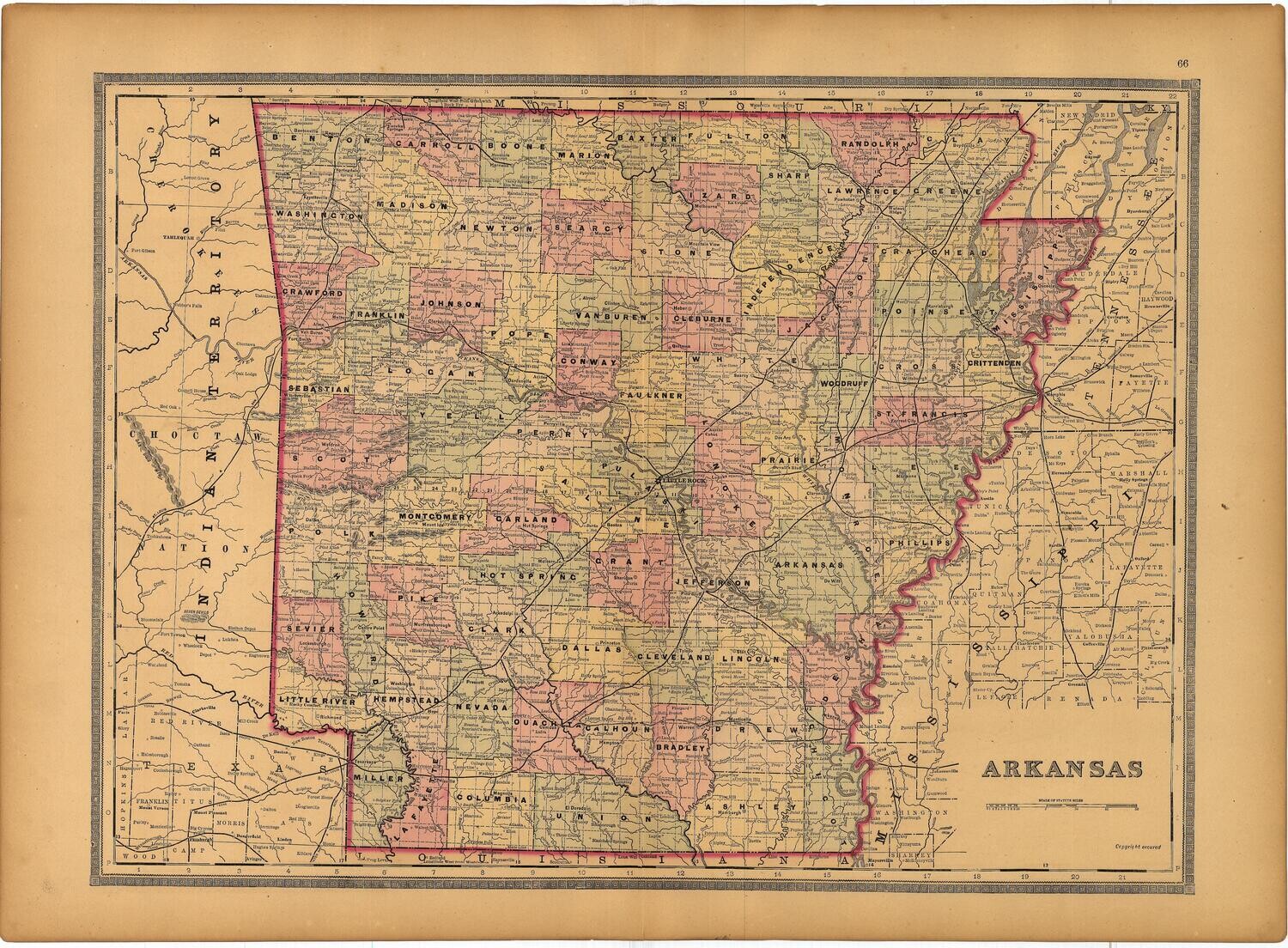 1886 Map of Arkansas by Bradley&#39;s