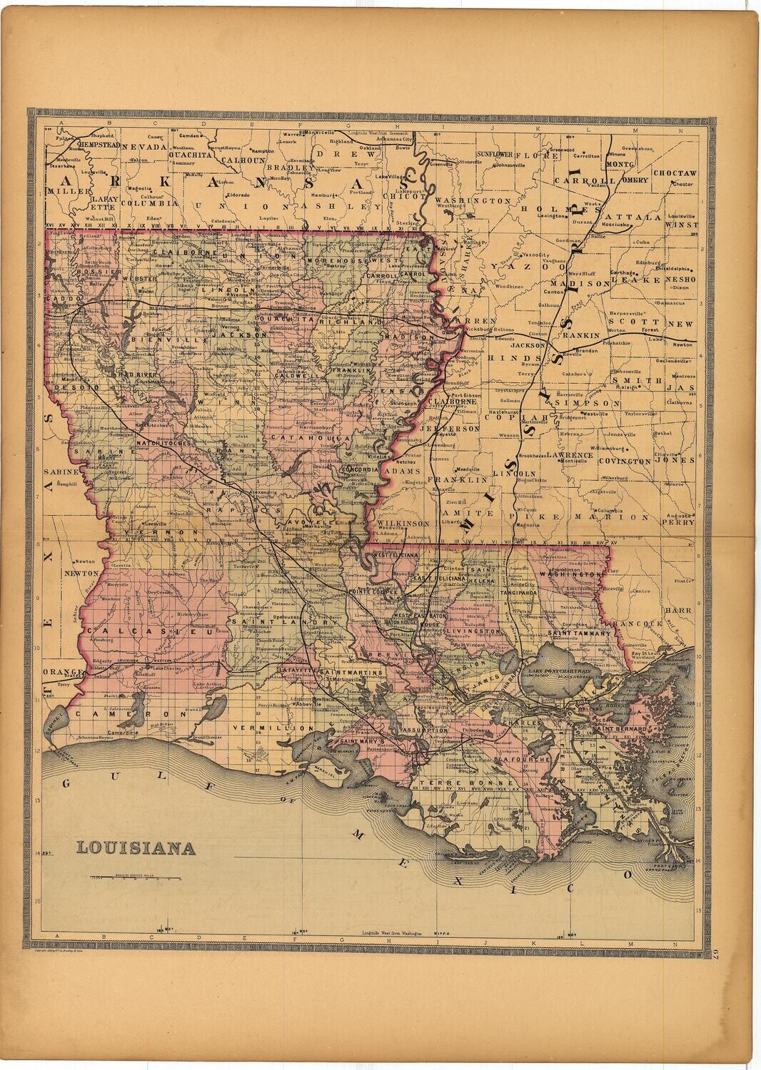 1886 Map of Louisiana by Bradley's
