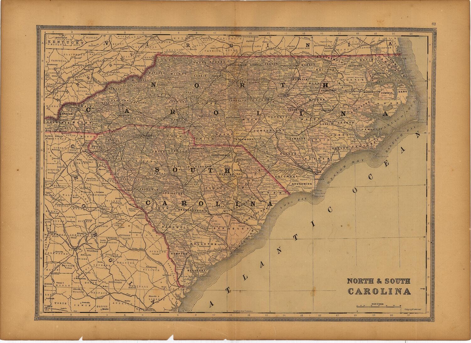 1886 Map of North &amp; South Carolina by Bradley's
