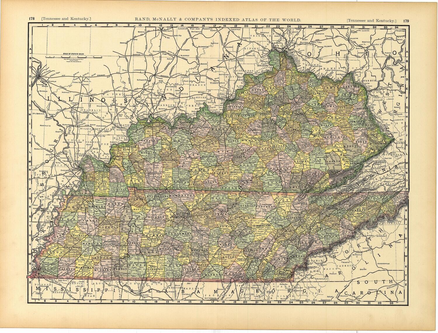 1889 Map of Kentucky by Rand McNally in Color Lithography