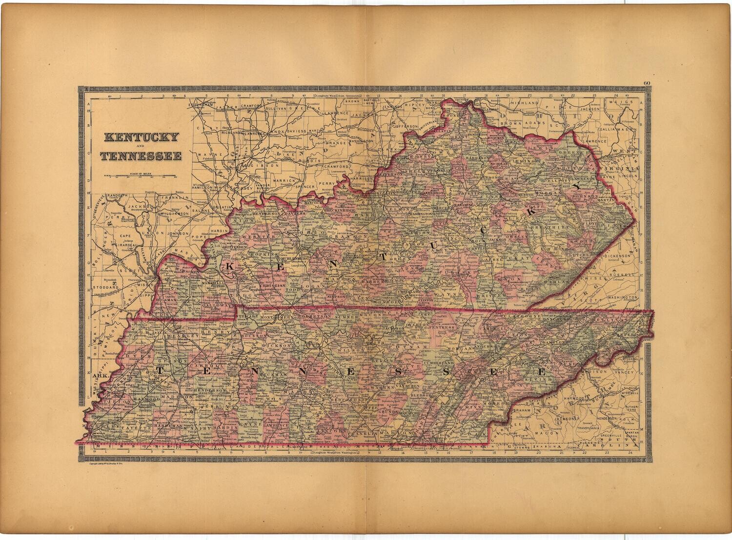 1886 Map of Kentucky &amp; Tennessee by Bradley's