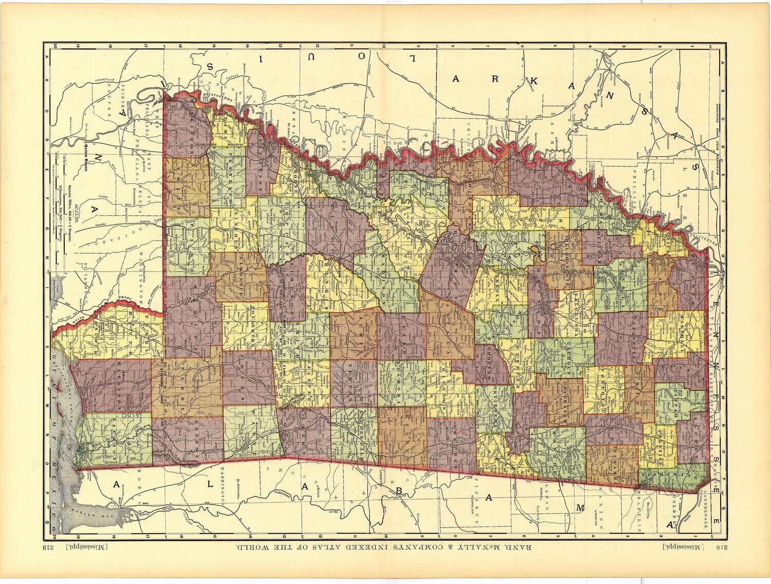 1892 Map of Mississippi by Rand McNally in Color Lithography
