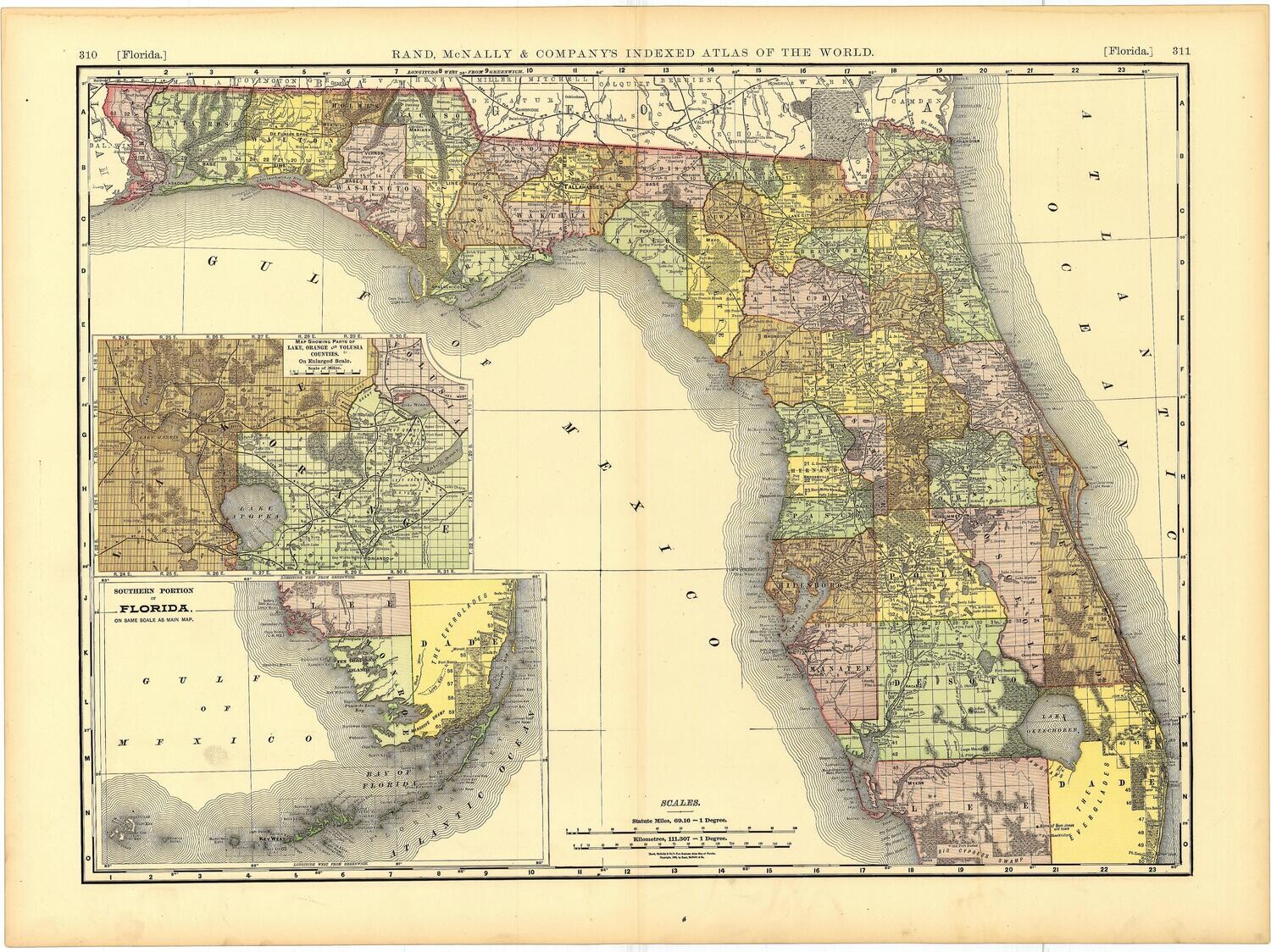 1898 Map of Florida by Rand McNally in Color Lithography