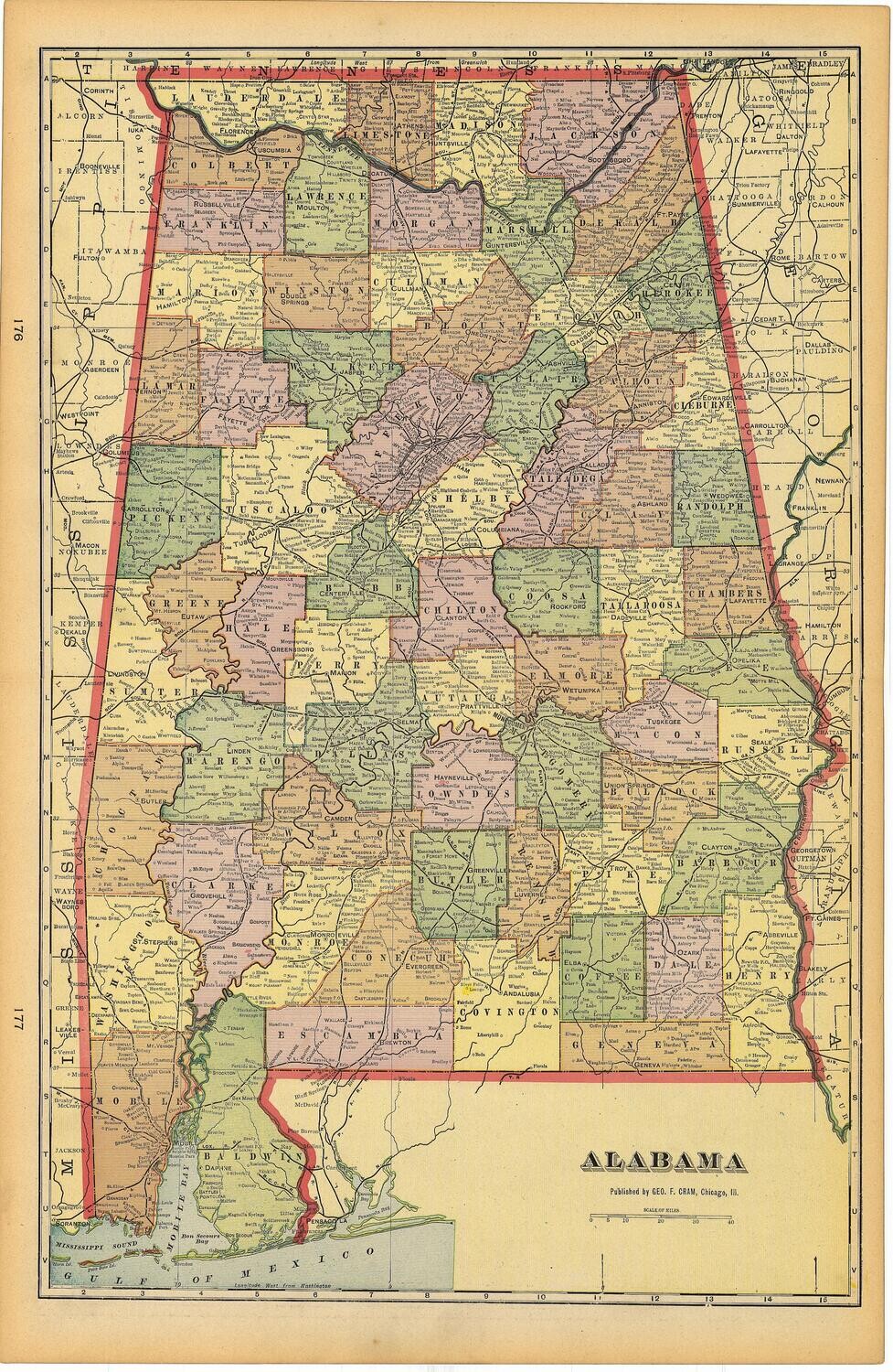 1903 Map of Alabama by Geo.Cram in Color Lithography