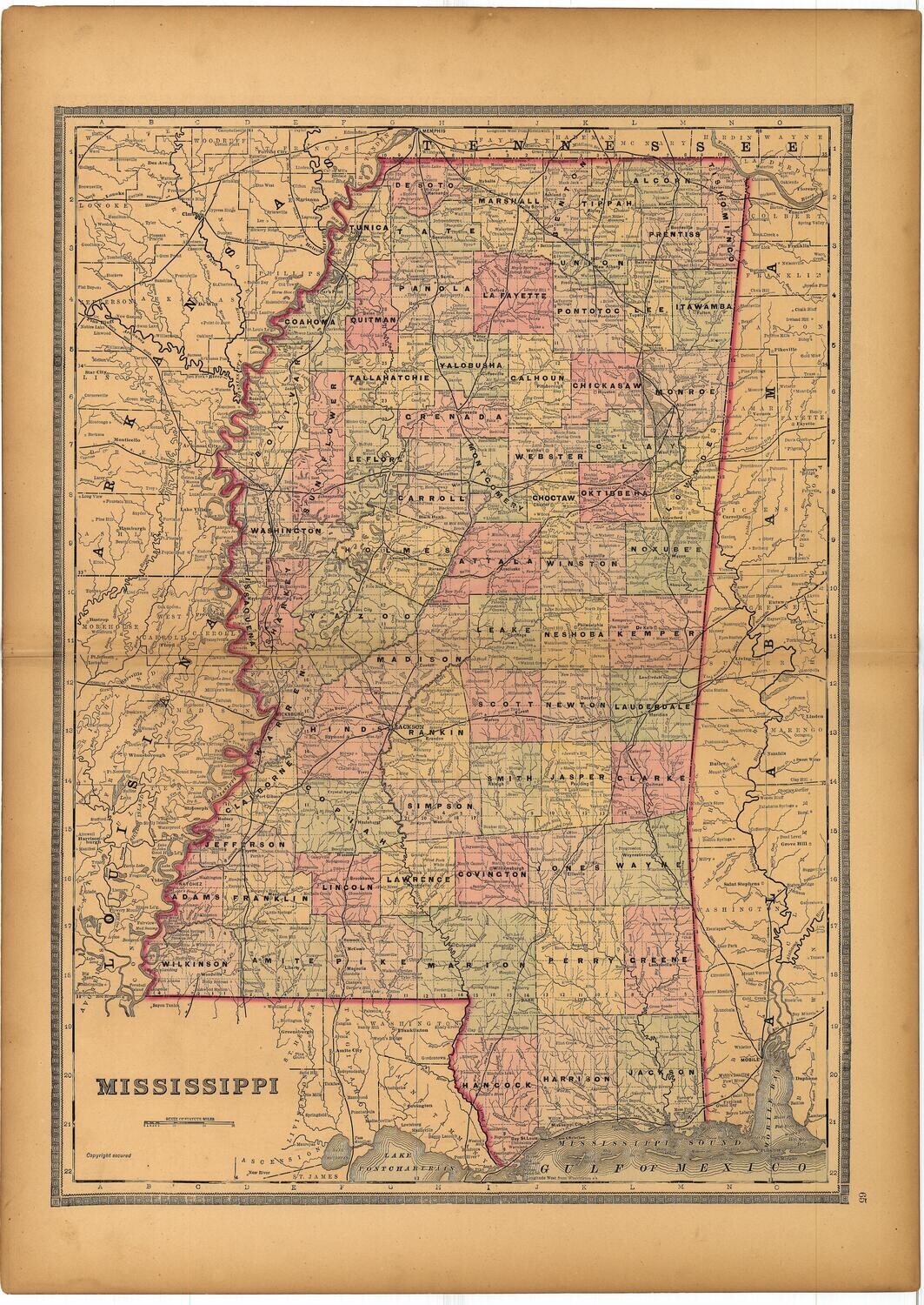 1886 Map of   Mississippi by Bradley's