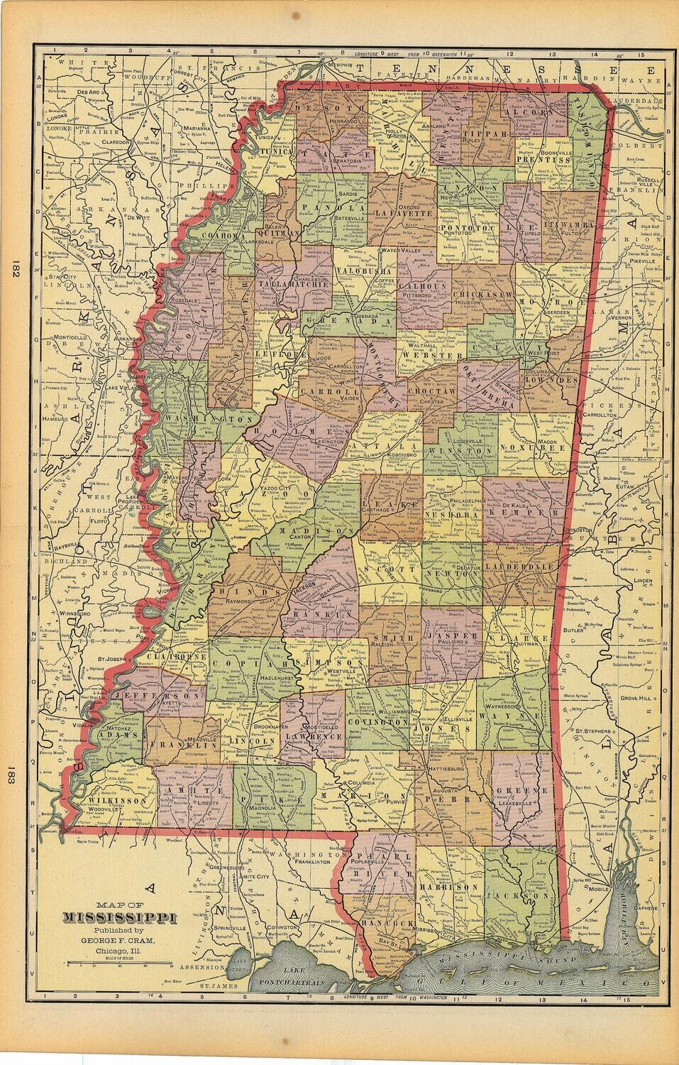 1903 Map of Mississippi by Geo.Cram in Color Lithography