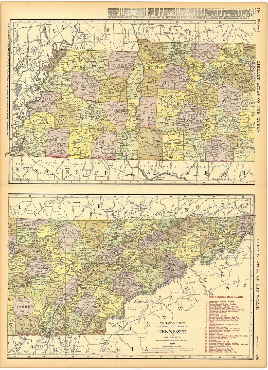 1912 Map of Tennessee by Rand McNally in Chromolithography