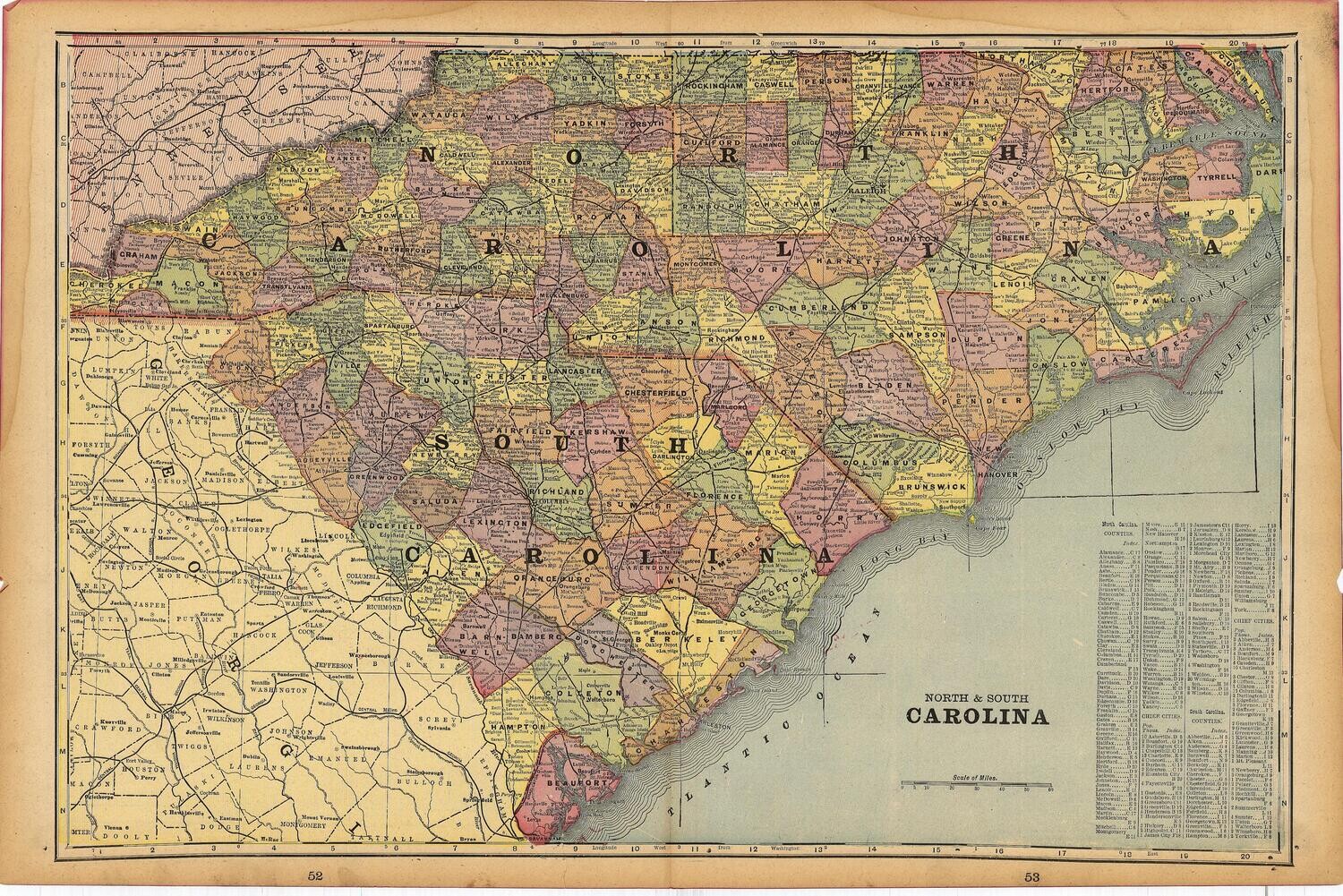 1903 Map of North and South Carolina by Geo.Cram in Color Lithography