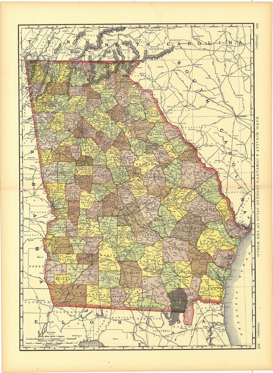 1892 Map of Georgia by Rand McNally in Color Lithography