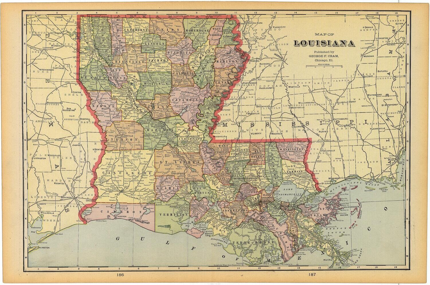 1903 Map of Louisiana by Geo.Cram in Color Lithography