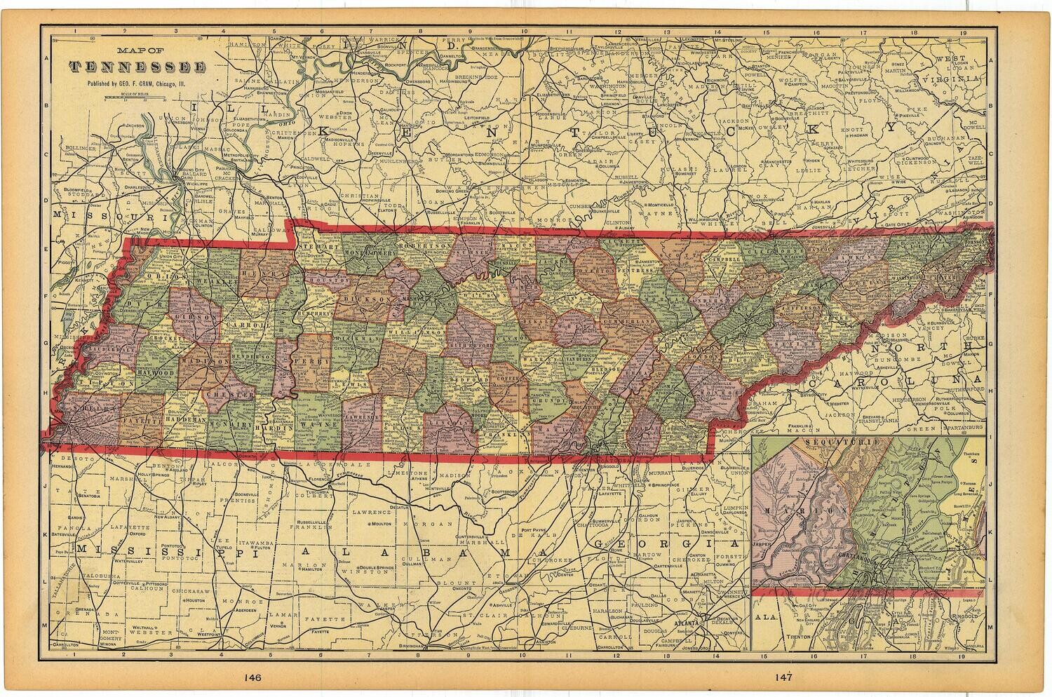 1903 Map of Tennessee by Geo.Cram in Color Lithography