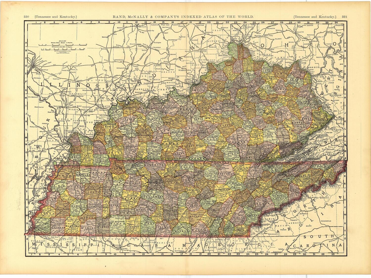1895 Map of Tennessee &amp; Kentucky by Rand McNallyin Color Lithography