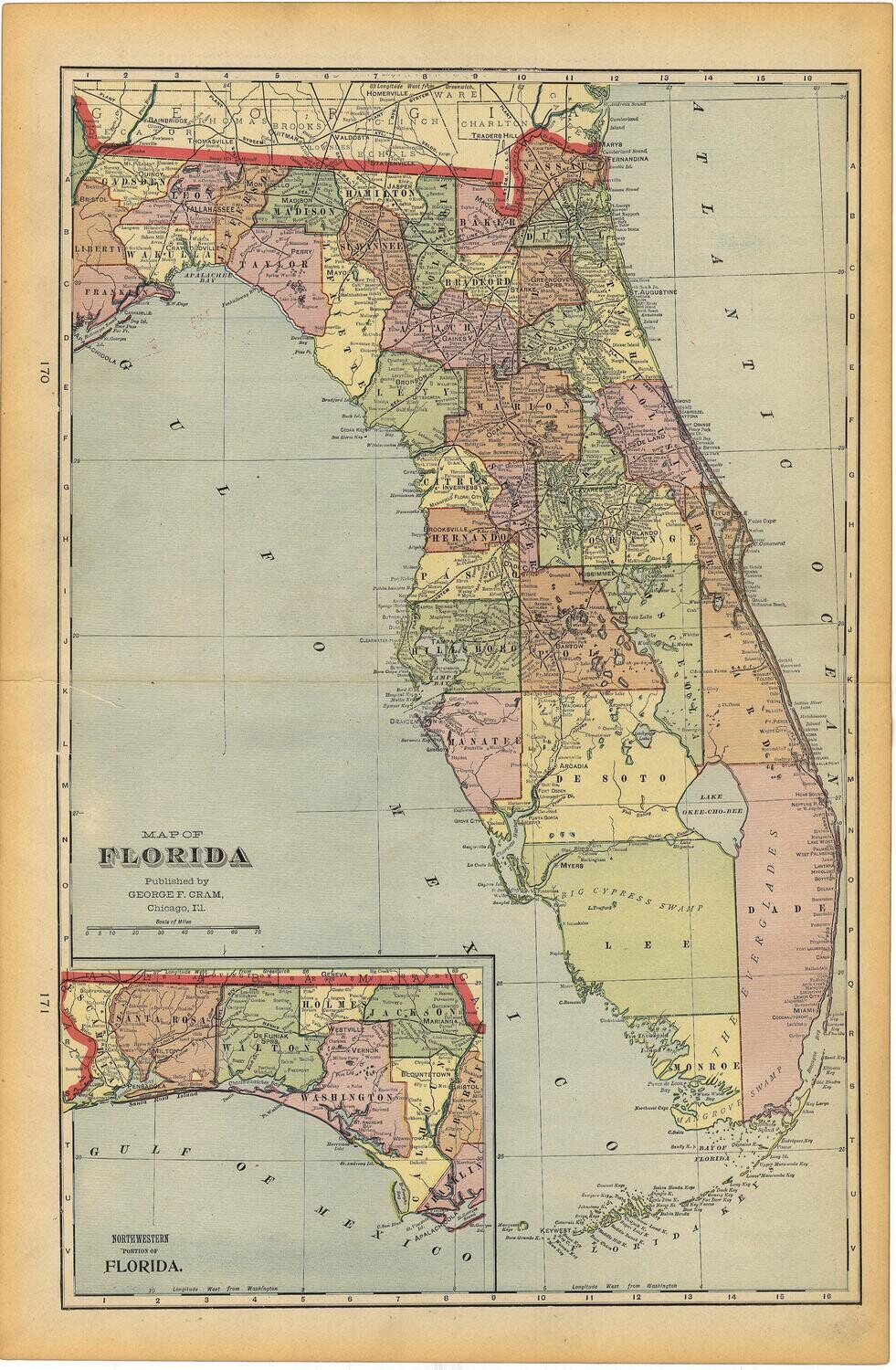 1903 Map of Florida by Geo.Cram in Color Lithography