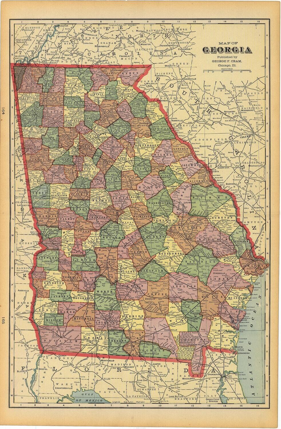 1903 Map of Georgia by Geo.Cram in Color Lithography