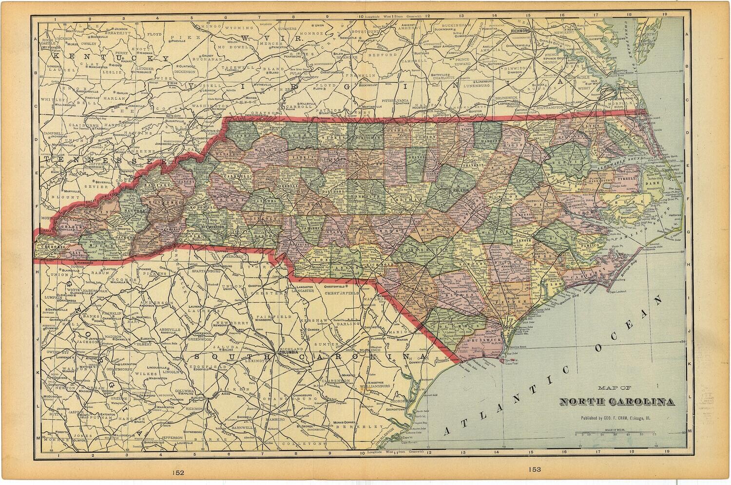1903 Map of North Carolina by Geo.Cram in Color Lithography