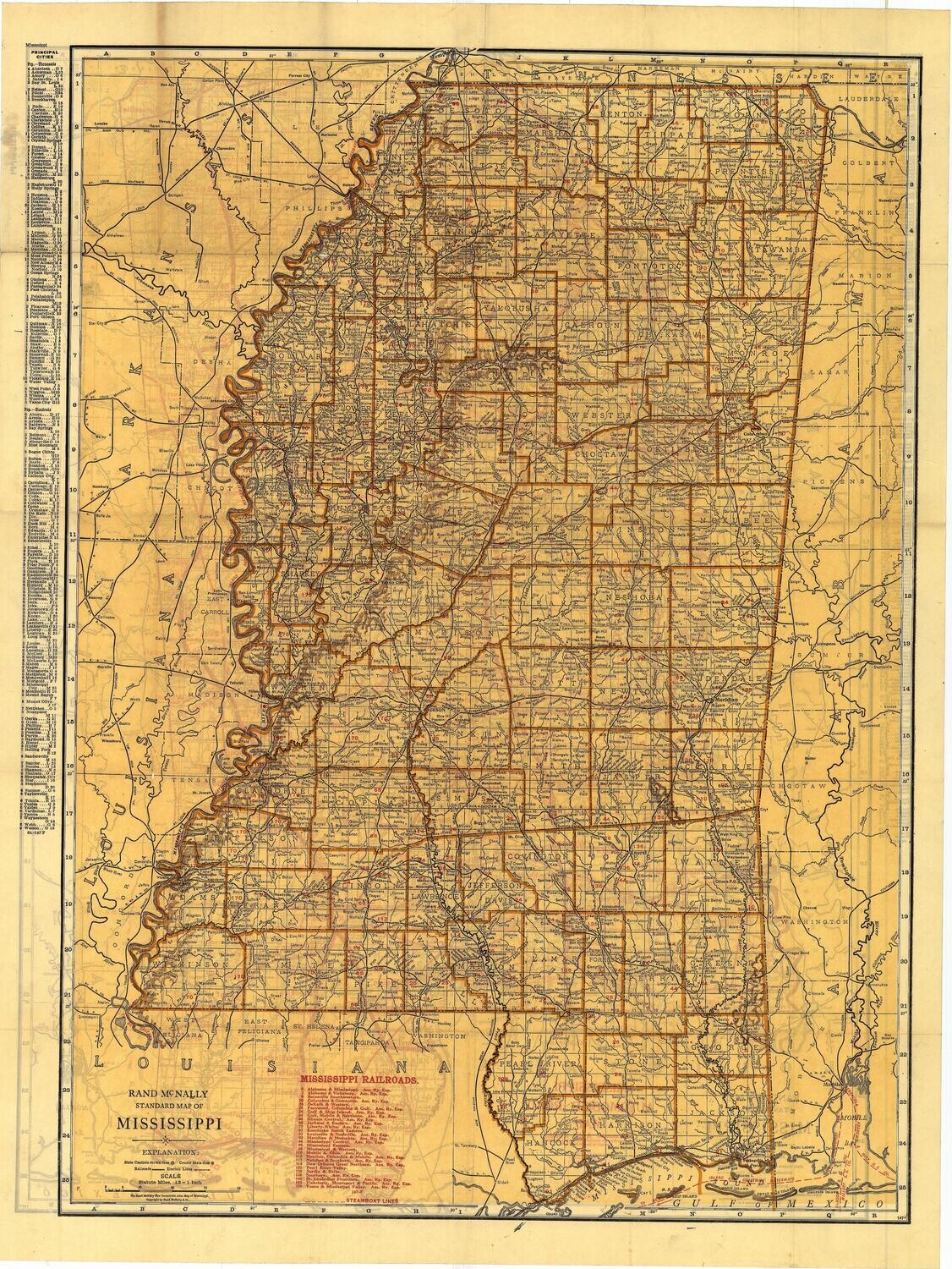 1921 Folding Railroad Map of Mississippi by Rand McNally in 3 Color Lithography