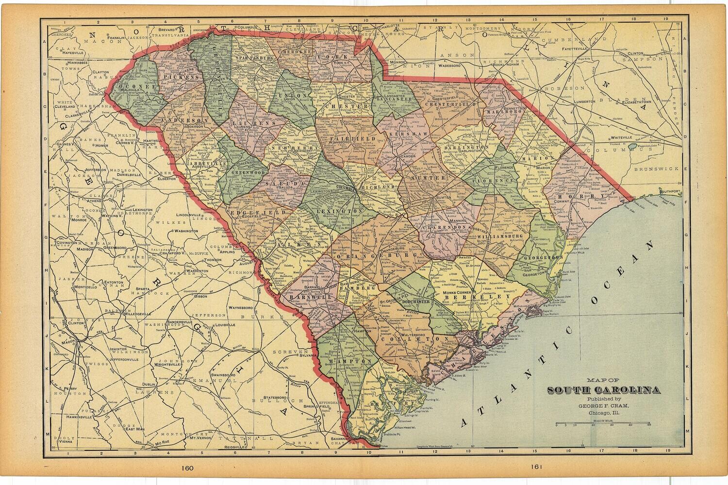 1903 Map of South Carolina by Geo.Cram in Color Lithography
