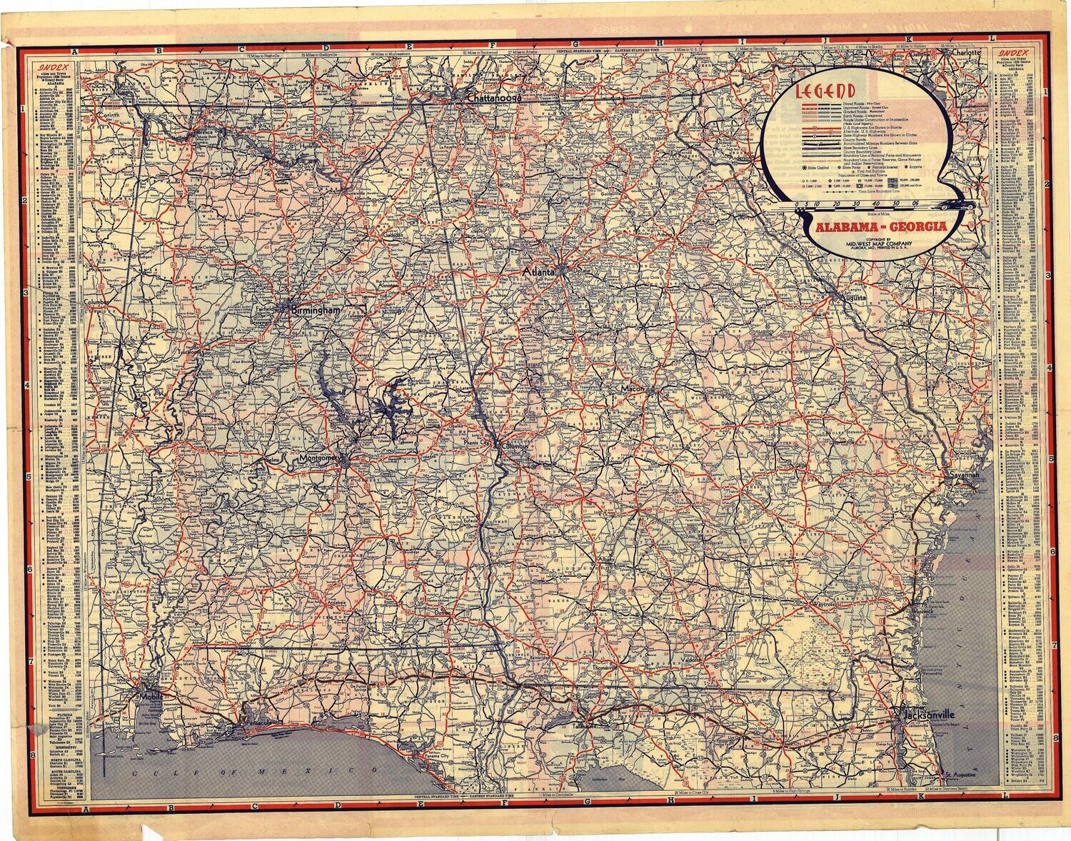 1939 Road Map of Alabama + Georgia by Mid West Map Co.