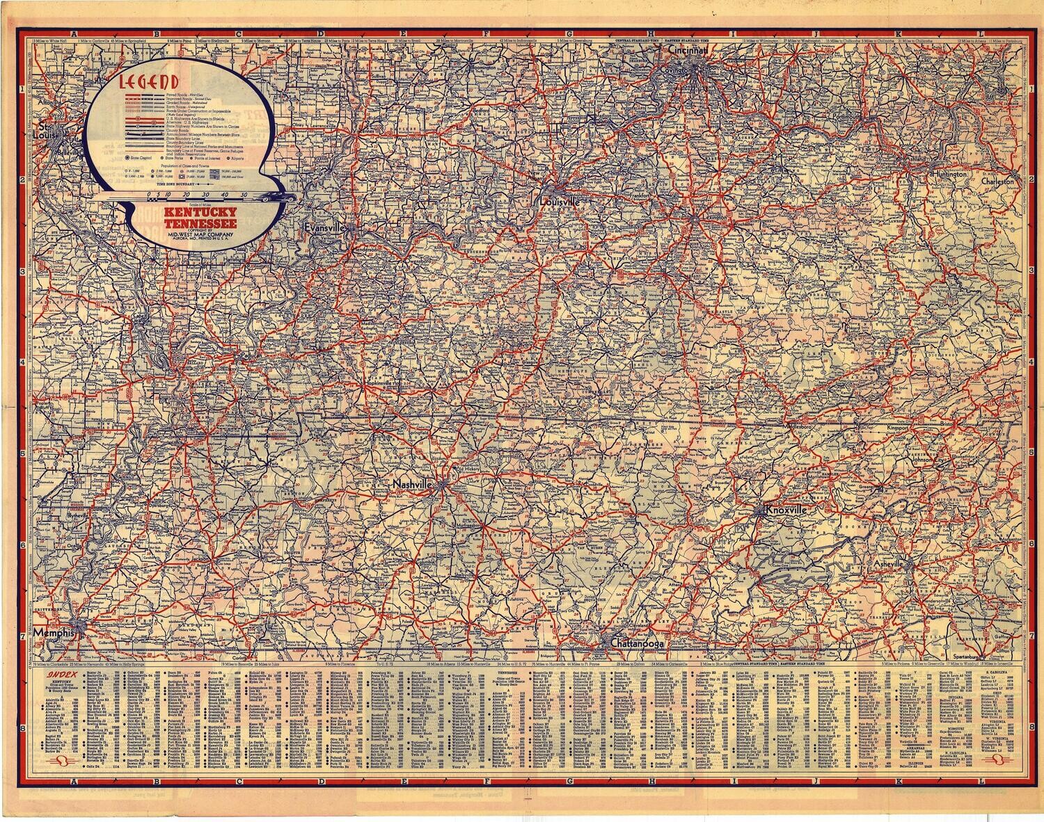 1939 Road Map of Kentucky + Tennessee by Mid West Map Co.