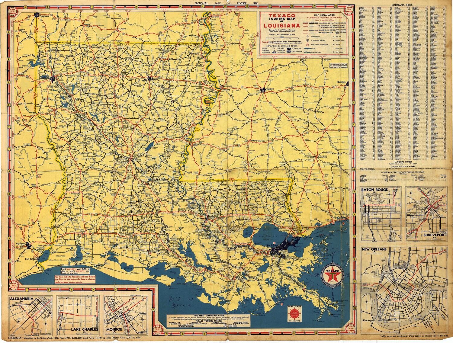 1939 Texaco Touring Map of Midwest + Southern States (Louisiana)
