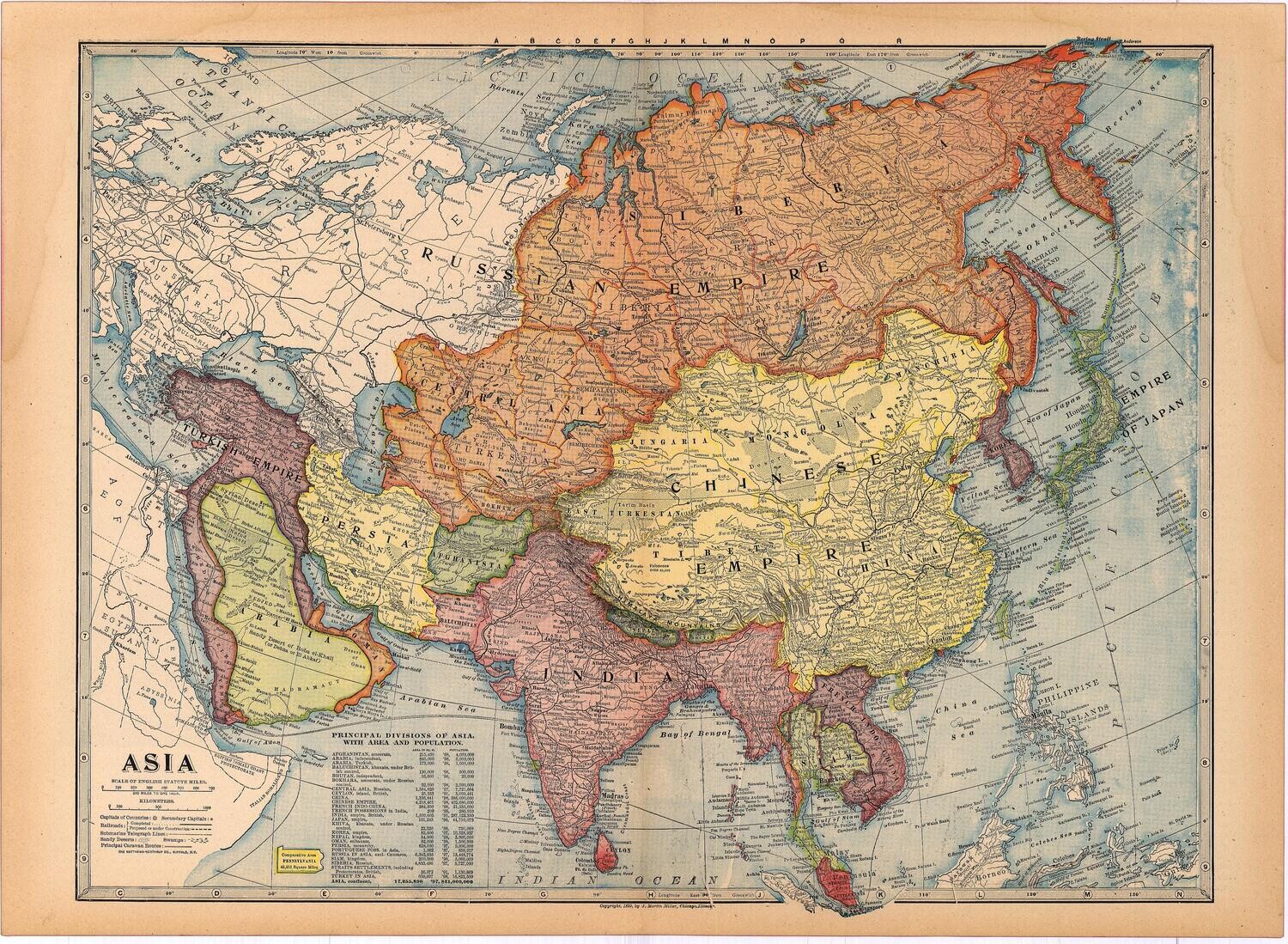 1903 (1899) Map of Asia by the Martin MIller Co. in Color Lithography