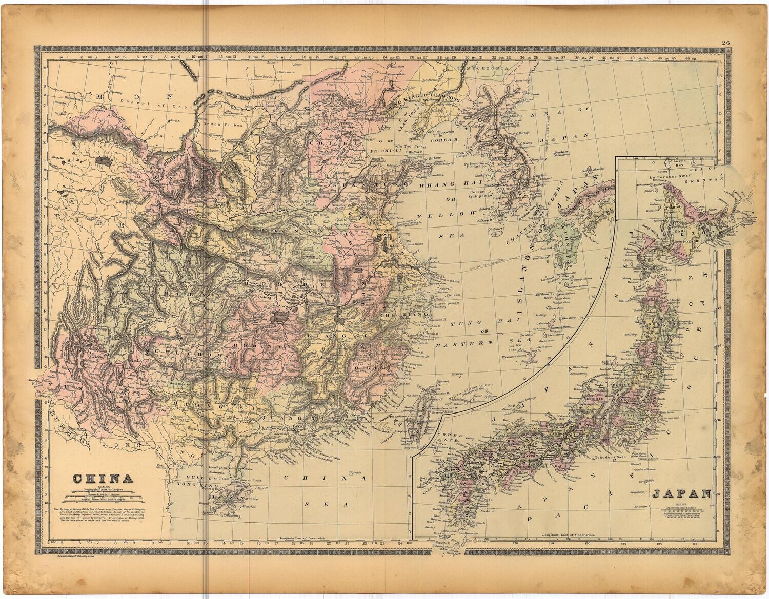 1886 Map of China, Korea and Japan by Bradley&#39;s in Lithography
