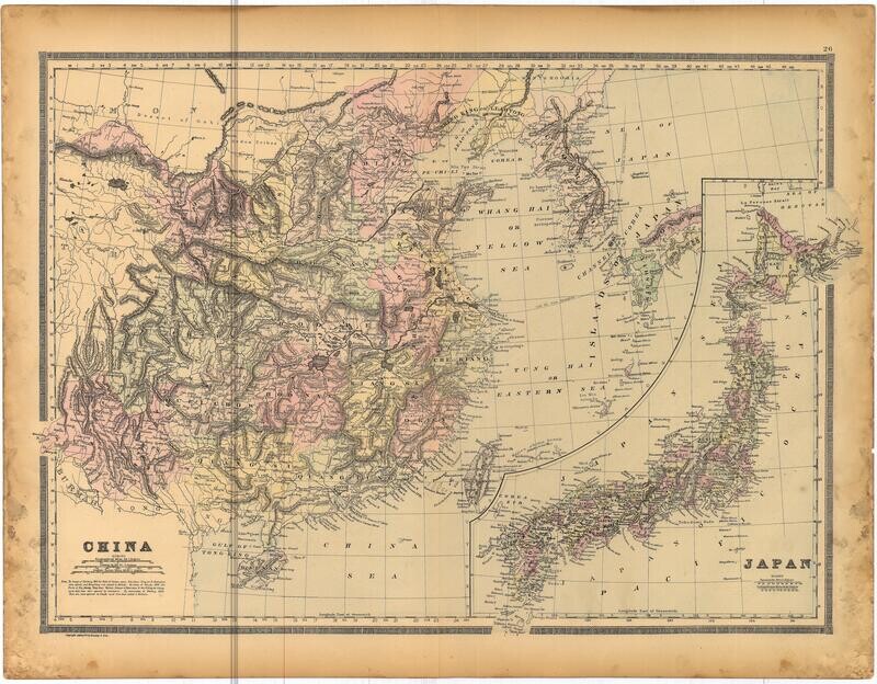 1886 Map of China, Korea and Japan by Bradley's in Lithography