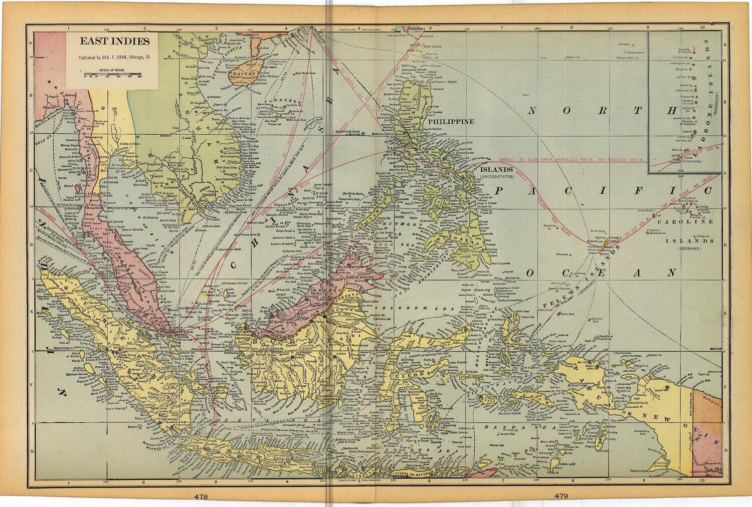 1911 Map of East Indies by Geo.Cram in Color Lithography