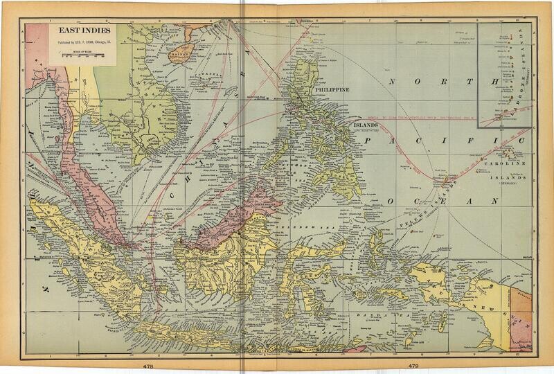 1911 Map of East Indies by Geo.Cram in Color Lithography