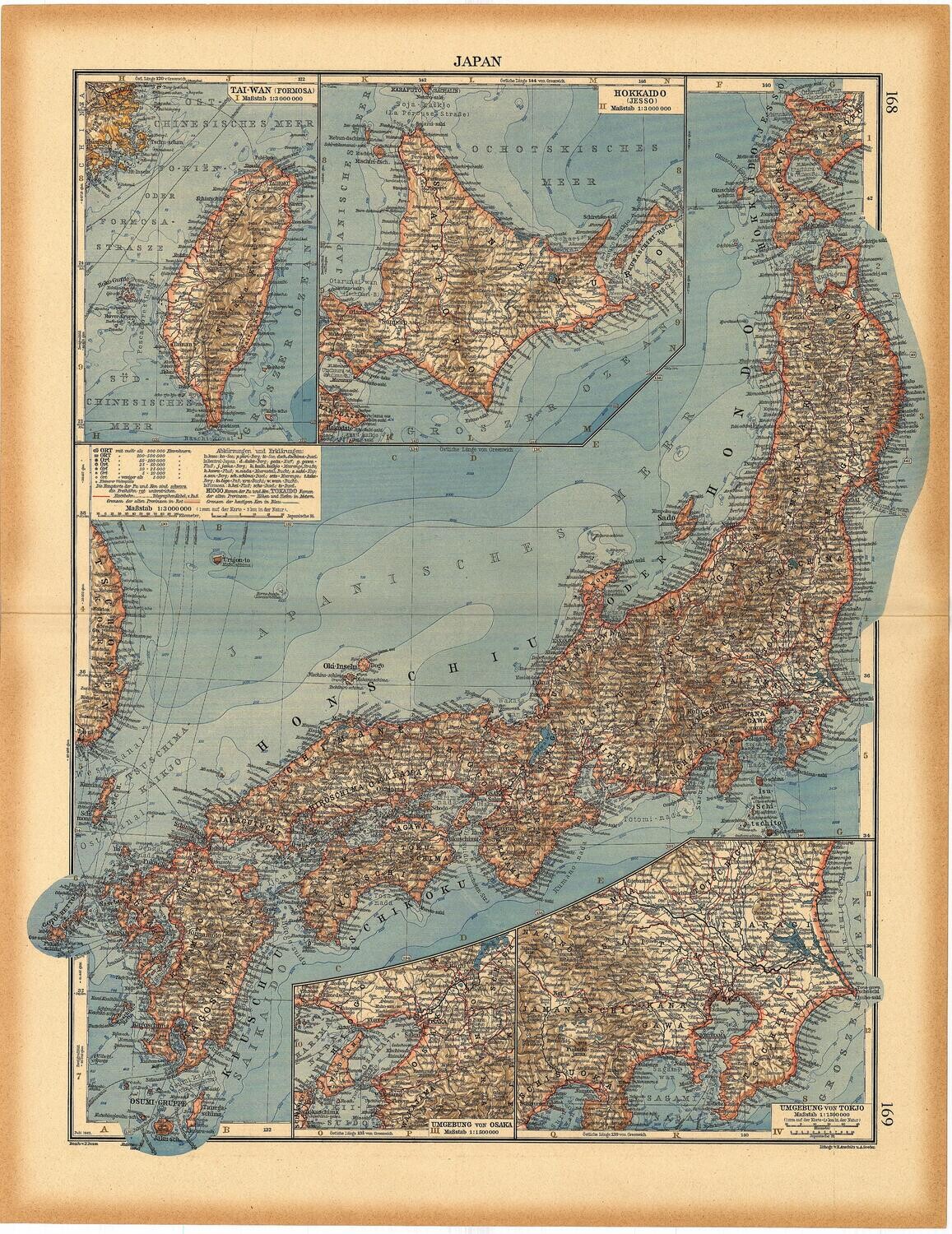 1923 Map of Japan by Stieler in Chromolithography in German
