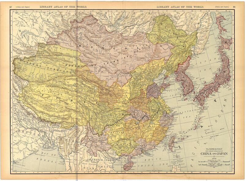 1912 Map of China &amp; Japan by Rand McNally in Chromolithography