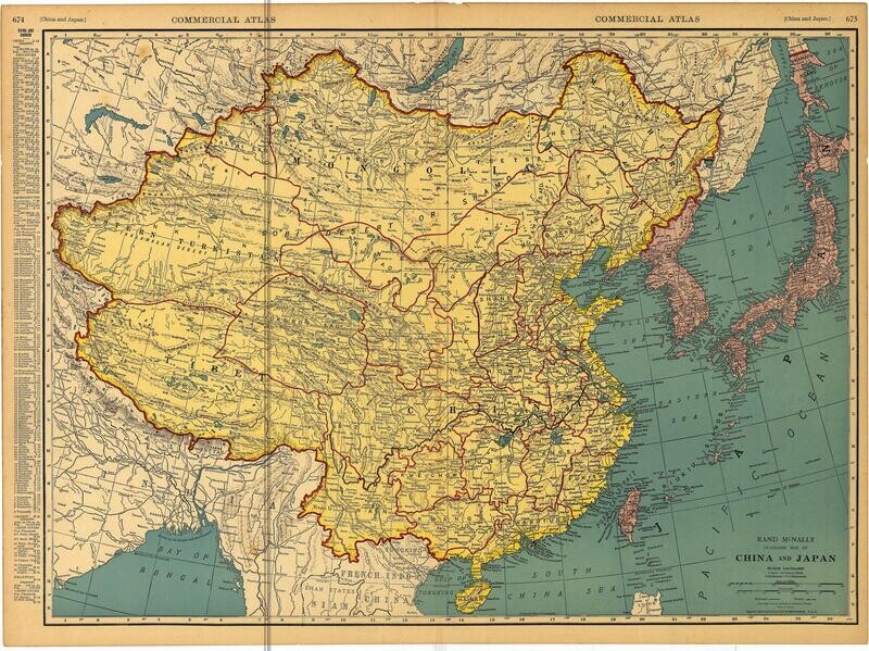 1924 Map of China &amp;  Japan by Rand McNally in Color Lithography