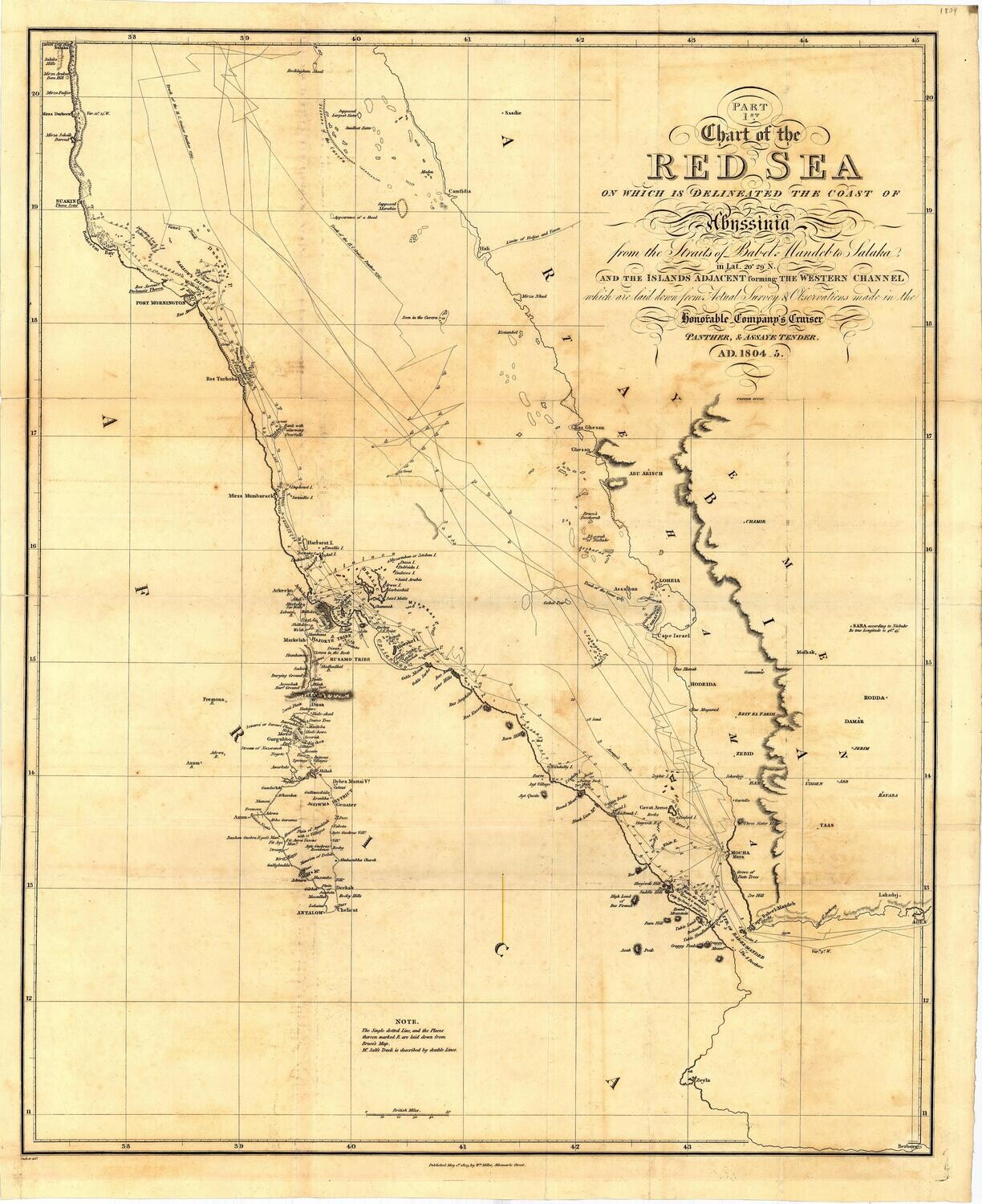 1804 Red Sea Chart Delineated by the Panther &amp; Assaye Tender in Copper Engraving