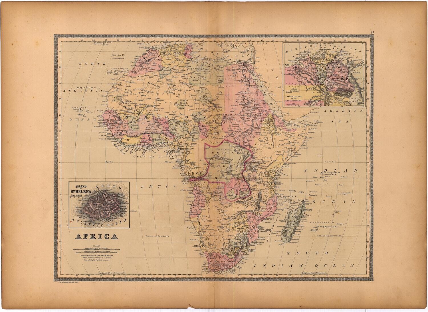 1886 Map of Africa by Bradley's in Color Lithography